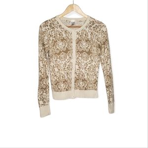 Cream and White Floral Flourish Patterned Long Sleeve Cardigan